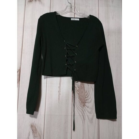 Aster Green Ribbed Lace-Up Front Cropped Long Sleeve Top - Picture 1 of 6